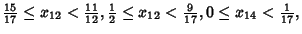 ${\textstyle{15\over 17}}\leq x_{12}<{\textstyle{11\over 12}}, {\textstyle{1\over 2}}\leq x_{12}<{\textstyle{9\over 17}}, 0\leq x_{14}<{\textstyle{1\over 17}},$