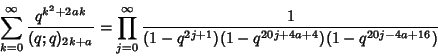 \begin{displaymath}
\sum_{k=0}^\infty {q^{k^2+2ak}\over (q;q)_{2k+a}}=\prod_{j=0}^\infty {1\over(1-q^{2j+1})(1-q^{20j+4a+4})(1-q^{20j-4a+16})}
\end{displaymath}