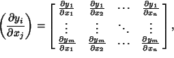 \begin{displaymath}
\left({\partial y_i\over\partial x_j}\right)=\left[{\matrix{...
...m\over\partial x_n}\cr}}\right],
\hrule width 0pt height 6.8pt
\end{displaymath}