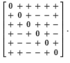 $\displaystyle \left[\begin{array}{ccccccccccccccccccccccccccccccc}0 & + & + & +...
...& - & + & 0 & + \nonumber\\
+ & + & - & - & + & 0 \end{array}\right].\nonumber$