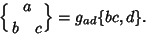 \begin{displaymath}
\left\{{a\atop b\quad c}\right\} = g_{ad}\{bc,d\}.
\end{displaymath}