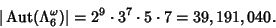 \begin{displaymath}
\vert\mathop{\rm Aut}\nolimits (\Lambda_6^\omega)\vert=2^9\cdot 3^7\cdot 5\cdot 7=39,191,040.
\end{displaymath}