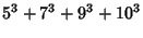 $\displaystyle 5^3+7^3+9^3+10^3$