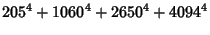 $\displaystyle 205^4+1060^4+2650^4+4094^4$