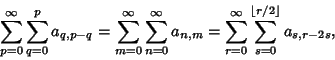 \begin{displaymath}
\sum_{p=0}^\infty \sum_{q=0}^p a_{q,p-q} = \sum_{m=0}^\infty...
... \sum_{r=0}^\infty \sum_{s=0}^{\lfloor r/2\rfloor} a_{s,r-2s},
\end{displaymath}