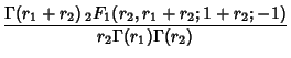 $\displaystyle {\Gamma(r_1+r_2)\,{}_2F_1(r_2, r_1+r_2; 1+r_2; -1)\over r_2\Gamma(r_1)\Gamma(r_2)}$