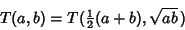 \begin{displaymath}
T(a,b)=T({\textstyle{1\over 2}}(a+b), \sqrt{ab}\,)
\end{displaymath}