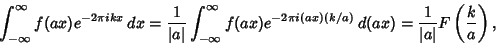 \begin{displaymath}
\int_{-\infty}^\infty f(ax)e^{-2\pi ikx}\,dx = {1\over \vert...
...k/a)}\,d(ax) = {1\over \vert a\vert} F\left({k\over a}\right),
\end{displaymath}