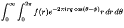 $\displaystyle \int_0^\infty\int_0^{2\pi} f(r)e^{-2\pi irq\cos (\theta-\phi)}r\,dr\,d\theta$