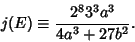 \begin{displaymath}
j(E)\equiv{2^8 3^3 a^3\over 4a^3+27b^2}.
\end{displaymath}