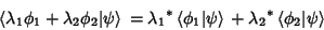 \begin{displaymath}
\left\langle{\lambda_1\phi_1+\lambda_2\phi_2\vert\psi}\right...
...le{}+{\lambda_2}^*\left\langle{\phi_2\vert\psi}\right\rangle{}
\end{displaymath}