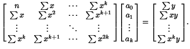 $\left[{\matrix{n & \sum x& \cdots & \sum x^k\cr \sum x& \sum x^2& \cdots & \sum...
...right] = \left[{\matrix{\sum y\cr \sum xy\cr \vdots\cr \sum x^ky\cr}}\right]\!.$