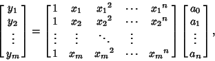 \begin{displaymath}
\left[{\matrix{y_1\cr y_2\cr \vdots\cr y_m\cr}}\right] = \le...
...right] \left[{\matrix{a_0\cr a_1\cr \vdots\cr a_n\cr}}\right],
\end{displaymath}