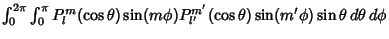 $\int^{2\pi}_0 \int^{\pi}_0 P_l^m(\cos\theta)\sin(m\phi)P_{l'}^{m'}(\cos\theta)\sin(m'\phi)\sin\theta\,d\theta \,d\phi$