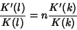 \begin{displaymath}
{K'(l)\over K(l)}=n {K'(k)\over K(k)}
\end{displaymath}