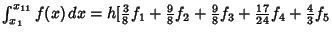 $\int_{x_1}^{x_{11}} f(x)\,dx = h[{\textstyle{3\over 8}}f_1+{\textstyle{9\over 8...
...{\textstyle{9\over 8}}f_3+{\textstyle{17\over 24}}f_4+{\textstyle{4\over 3}}f_5$