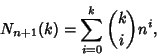 \begin{displaymath}
N_{n+1}(k)=\sum_{i=0}^{k} {k\choose i}n^i,
\end{displaymath}