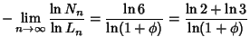 $\displaystyle -\lim_{n\to\infty} {\ln N_n\over\ln L_n} = {\ln 6\over\ln(1+\phi)}={\ln 2+\ln 3\over\ln(1+\phi)}$