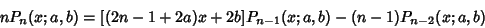 \begin{displaymath}
nP_n(x;a,b)=[(2n-1+2a)x+2b]P_{n-1}(x;a,b)-(n-1)P_{n-2}(x;a,b)
\end{displaymath}