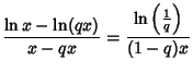 $\displaystyle {\ln x-\ln(qx)\over x-qx}={\ln\left({1\over q}\right)\over(1-q)x}$