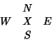 \begin{displaymath}
\matrix{ & N\cr W & X & E\cr & S\cr}
\end{displaymath}