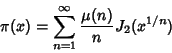 \begin{displaymath}
\pi(x)=\sum_{n=1}^\infty {\mu(n)\over n} J_2(x^{1/n})
\end{displaymath}