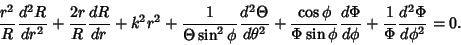 \begin{displaymath}
{r^2\over R}{d^2R\over dr^2}+{2r\over R}{dR\over dr}+k^2r^2 ...
...} {d\Phi\over d\phi} + {1\over\Phi}{d^2\Phi\over d\phi^2} = 0.
\end{displaymath}