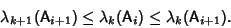 \begin{displaymath}
\lambda_{k+1}({\hbox{\sf A}}_{i+1})\leq \lambda_k({\hbox{\sf A}}_i)\leq \lambda_k({\hbox{\sf A}}_{i+1}).
\end{displaymath}