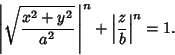 \begin{displaymath}
\left\vert{\sqrt{x^2+y^2\over a^2}\,}\right\vert^n+\left\vert{z\over b}\right\vert^n=1.
\end{displaymath}