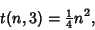 \begin{displaymath}
t(n,3)={\textstyle{1\over 4}}n^2,
\end{displaymath}