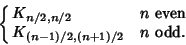 \begin{displaymath}
\cases{
K_{n/2, n/2} & $n$\ even\cr
K_{(n-1)/2, (n+1)/2} & $n$\ odd.\cr}
\end{displaymath}