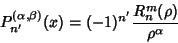 \begin{displaymath}
P_{n'}^{(\alpha,\beta)}(x)=(-1)^{n'}{R_n^m(\rho)\over\rho^\alpha}
\end{displaymath}