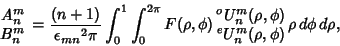 \begin{displaymath}
\matrix{A_n^m\cr B_n^m\cr}={(n+1)\over{\epsilon_{mn}}^2\pi}
...
...n^m(\rho,\phi)\cr {}^e U_n^m(\rho,\phi)\cr}\rho\,d\phi\,d\rho,
\end{displaymath}